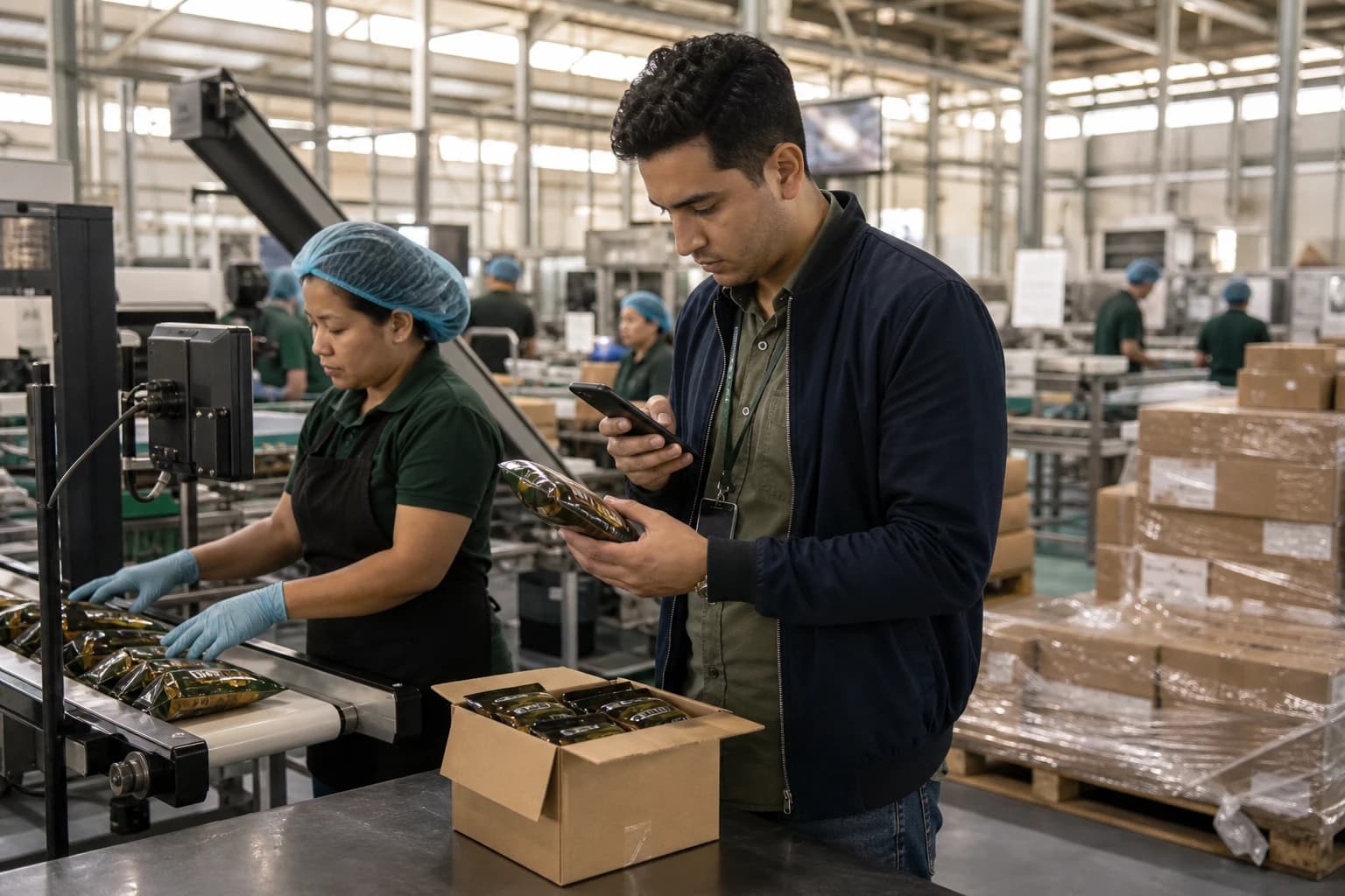 A local field executor verifying products and documenting evidence inside an active modern factory